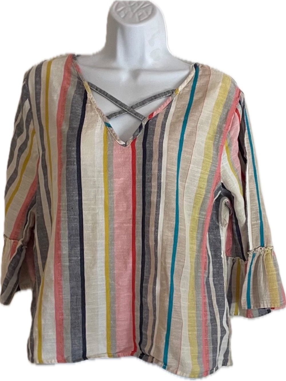 Papaya Boho-inspired, multi-striped bell-sleeve top